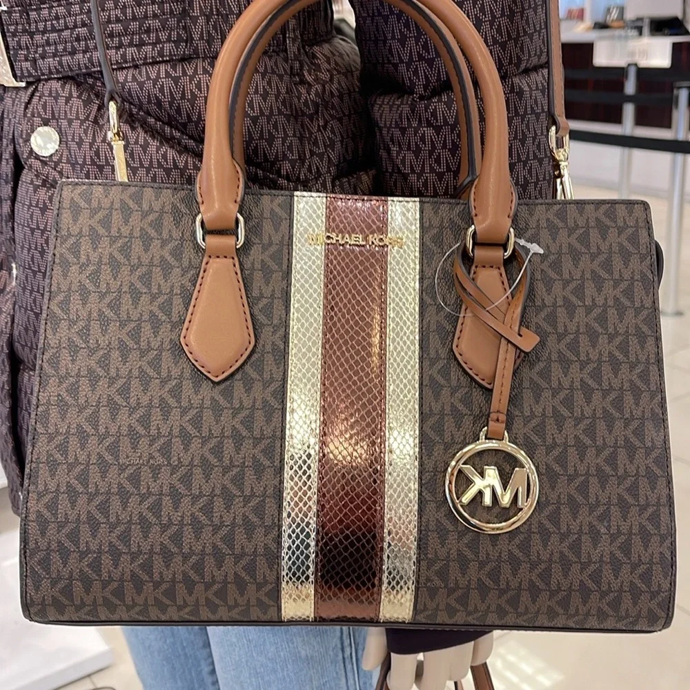 Michael Kors Sheila Medium Signature Logo and Metallic Satchel Crossbody CZ NWT